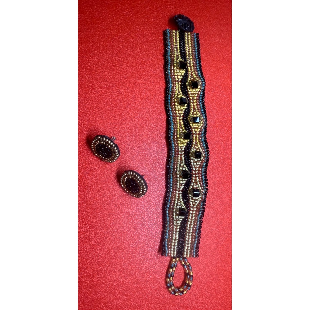 Handmade Seed Bead Cuff Bracelet Earrings Set Tribal Boho Wearable Art BlackGold